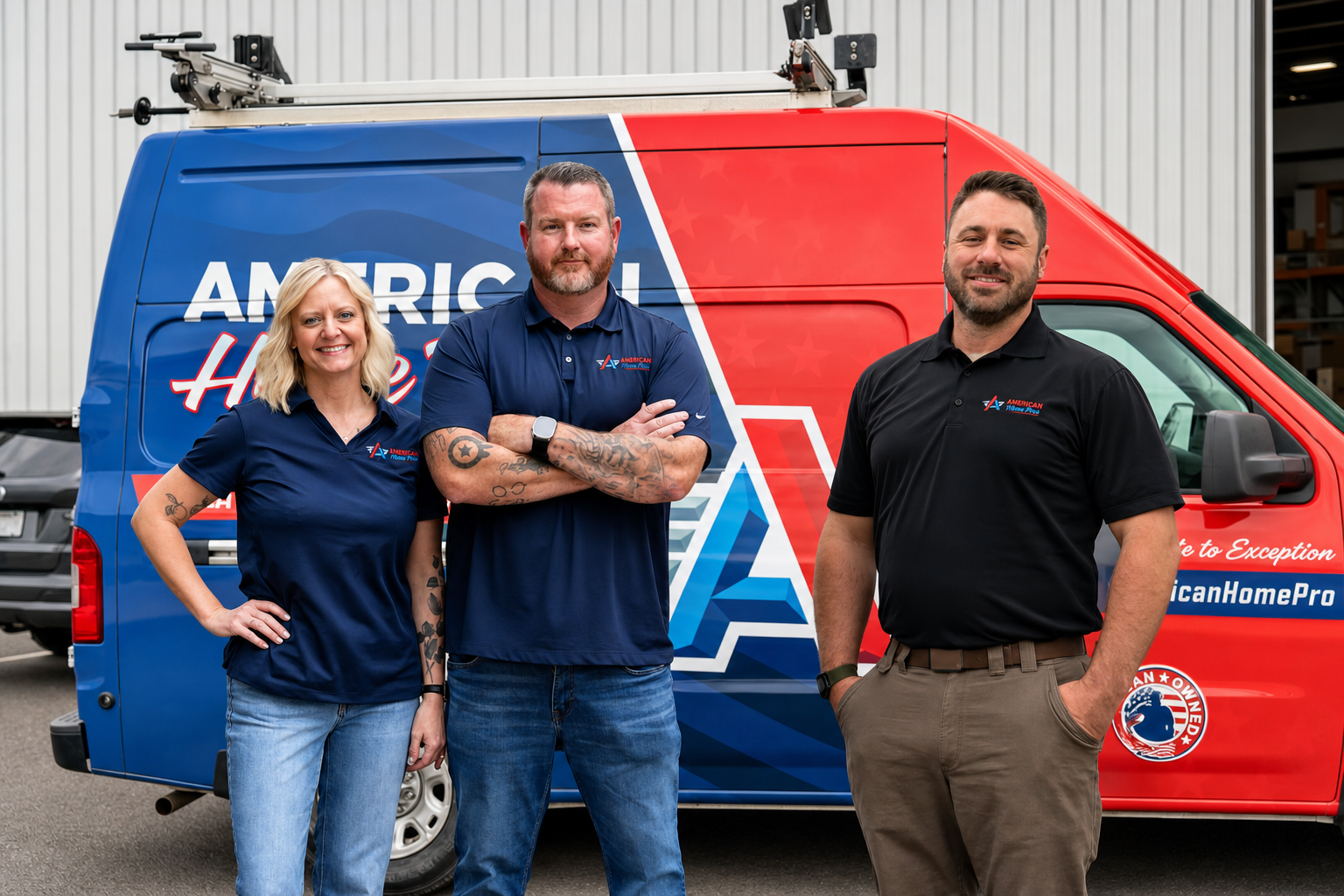 The American Home Pros ownership team standing in front of a branded service van.